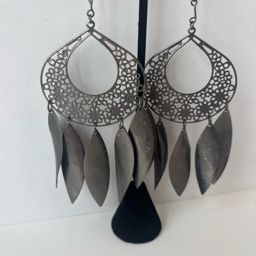 Giant Silver Filigree Leaf Chandelier Earrings‎ - 6 Inch Boho Statement
